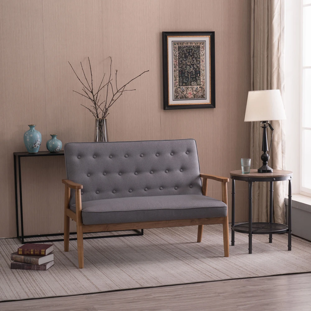 

Retro Modern Wood Double Seat Sofa Chair living room sofa Leisure Chair Light Gray Fabric 2-Seater Upholstered Couch