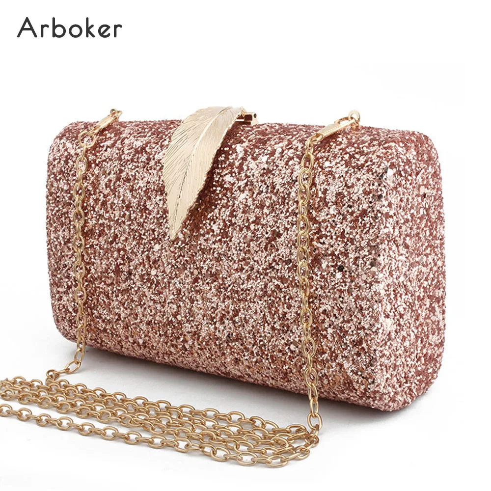 

Leaf Sequins Evening Bag Women Glitter Long Purse Female Party Handbag For Phone Chain Day Clutch Shining Dinner Cosmetics Bags