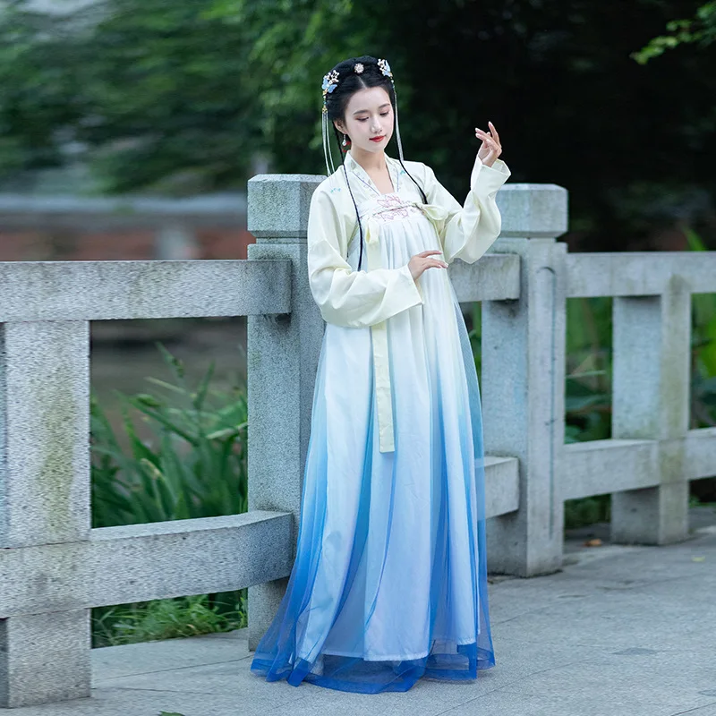 Градиентная синяя традиционная китайская одежда костюм hanfu Женский Белый Топ