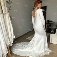 elegant soft satin mermaid wedding dress sexy backless lace boho wedding dresses 2021 sweep train long sleeve bride gown mariage