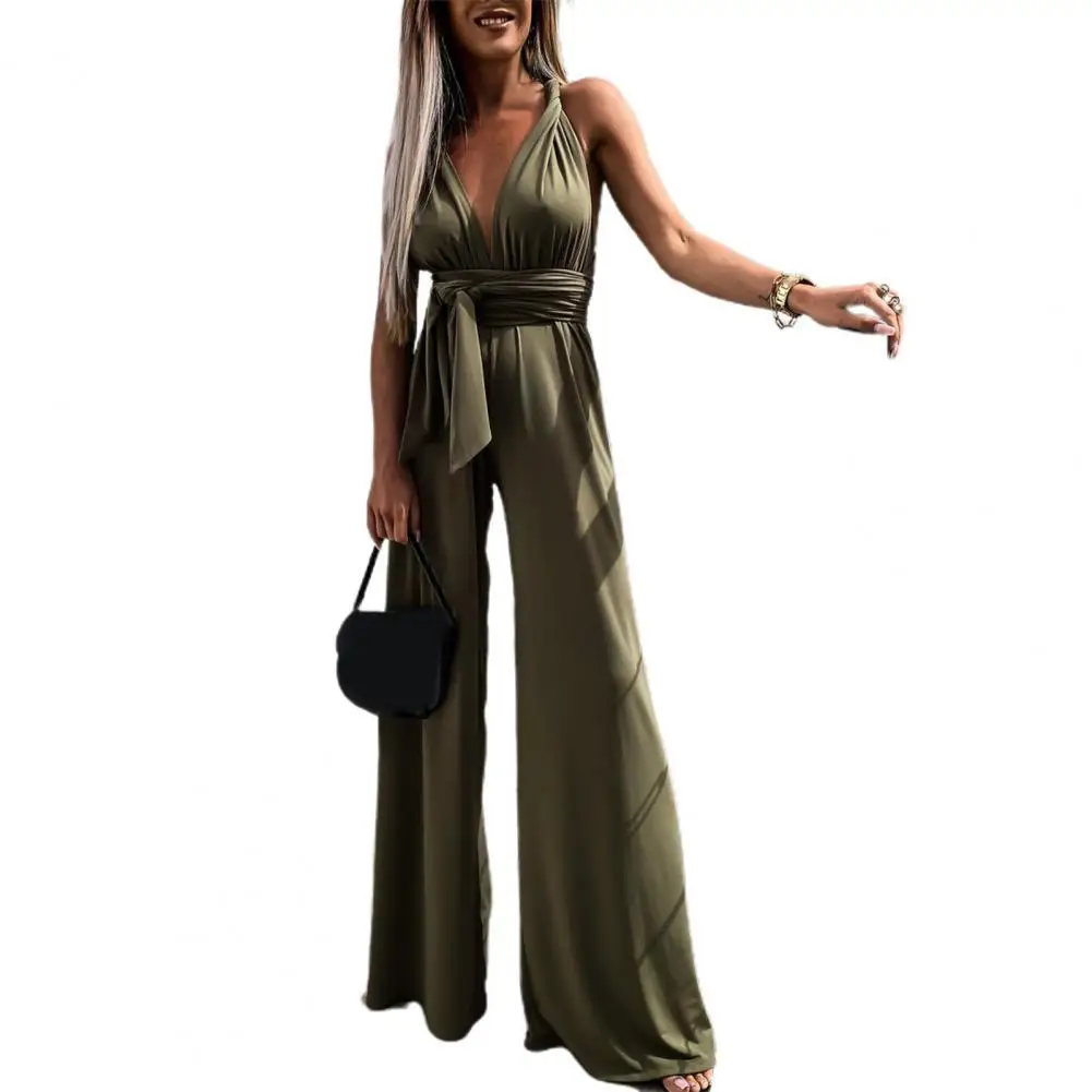 

jumpsuit romper women summer 2021 Ladies Sleeveless Romper V Neck High Waist Wide Leg Elegant Jumpsuit for Banquet Black xxl