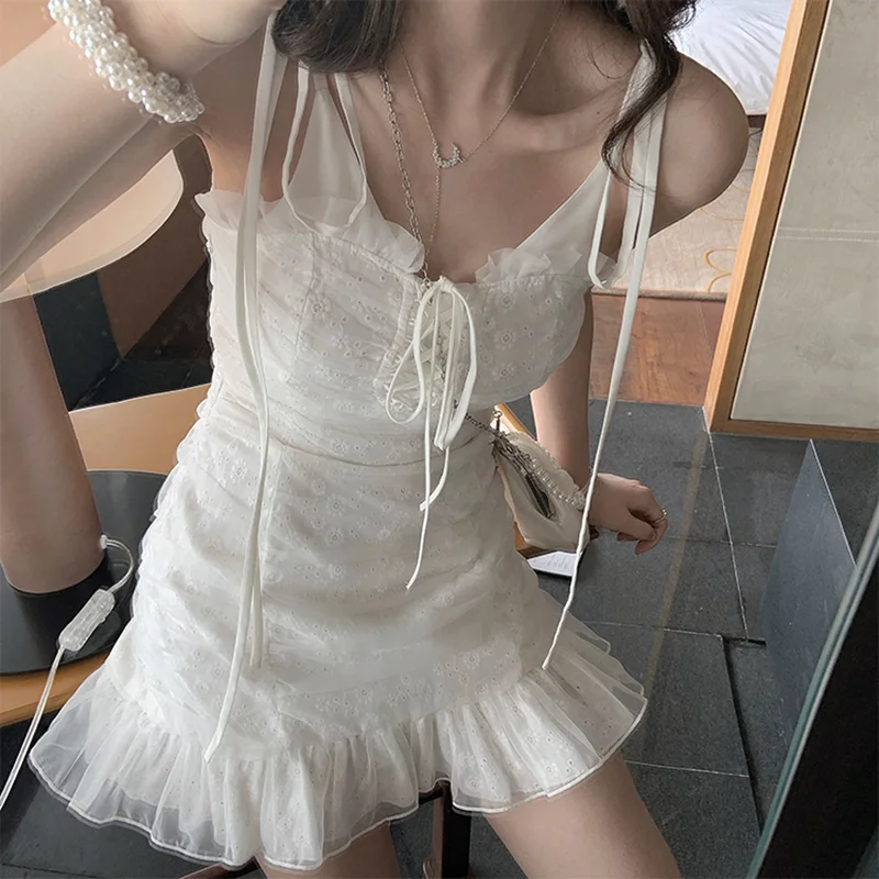 Пикантное белое кружевное платье с японским бантом женское летнее корейское