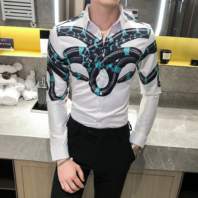 Рубашка мужская с принтом повседневная сорочка Slim Fit в Корейском стиле смокинг