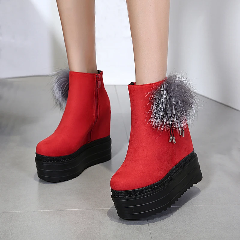 Женские ботинки на высоком каблуке 13 см Осенняя обувь танкетке для женщин черные