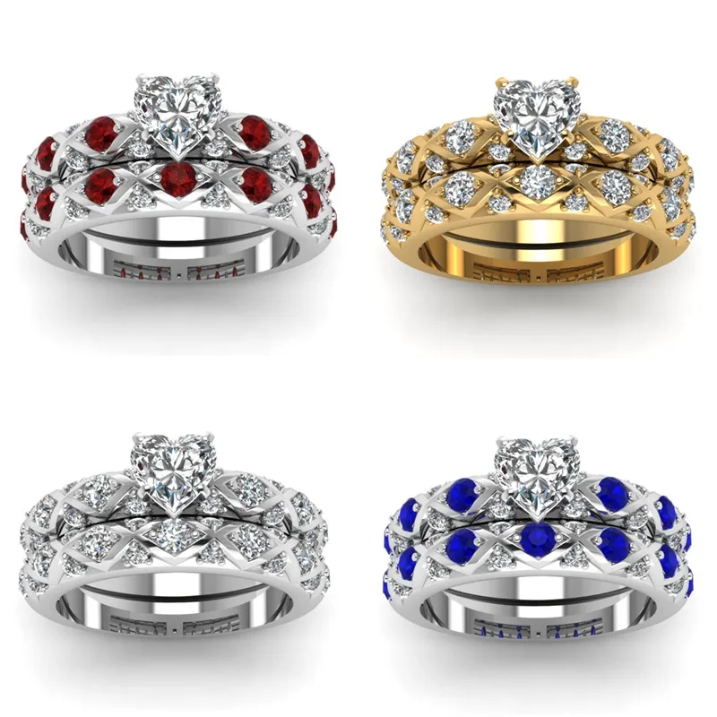 

Carofeez 2pcs/Set Fashion Heart Rings Set Exquite Crystal Zircon Ring For Women Jewelry Engagement Wedding Band Girl Gift