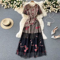 2021 new summer women o neck short sleeve slim long dress high quality fashion love embroidery mesh runway dress