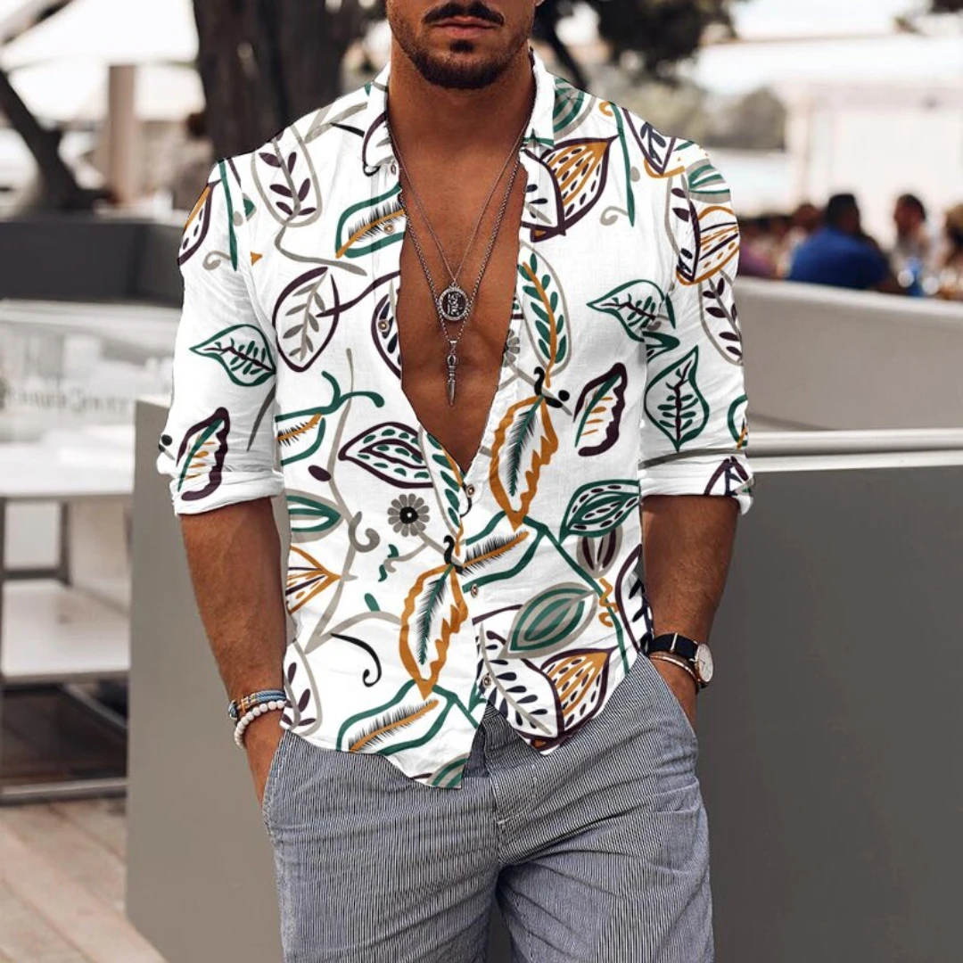 

2021 Spring and Autumn Men's Print Long Sleeve Shirt Hawaiin Casual Shirts Male Single-Breasted Leaves Printing Clothing