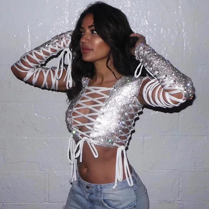 

Sparkle Crystal Diamonds Women T Shirt Criss Cross Lace Up Long Sleeve Backless Crop Tops Sexy Ladies Slim Clubwear Chic Tops