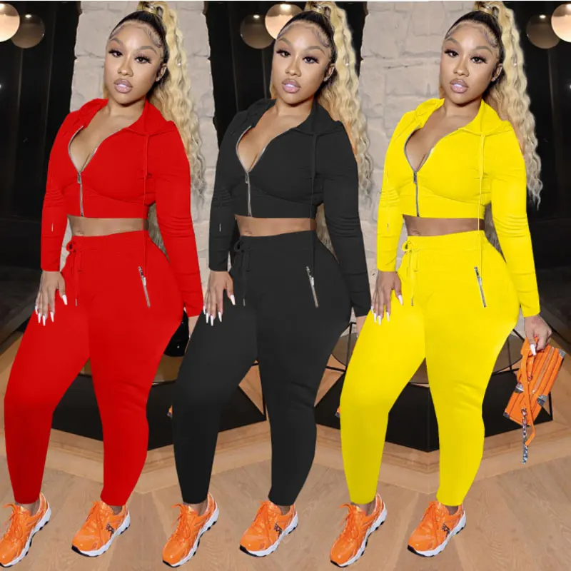 

2 Piece Women Set Hoodied Long Sleeve Crop Top Stacked Pants Leggings Outfits 2021 Spring Autumn Tracksuit Sweatsuit Casual Suit