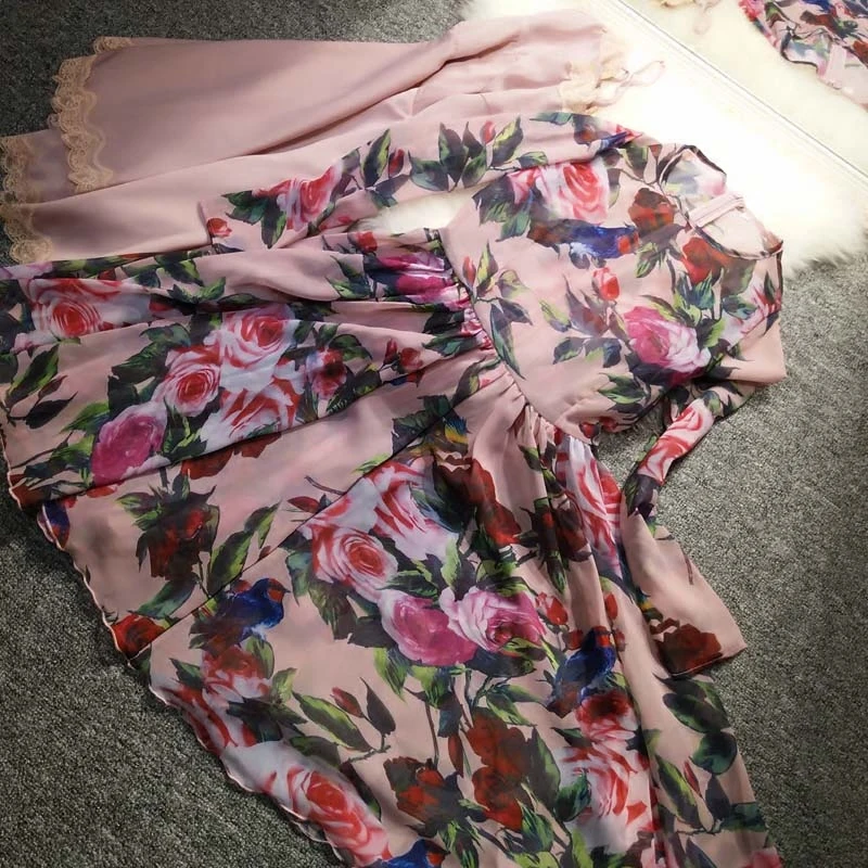 

New Household Rose Hummingbird Printed Chiffon dress
