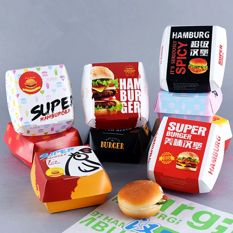 

100pcs Hamburger packaging box white card creative baking delicious bread paper box picnic party food disposable package