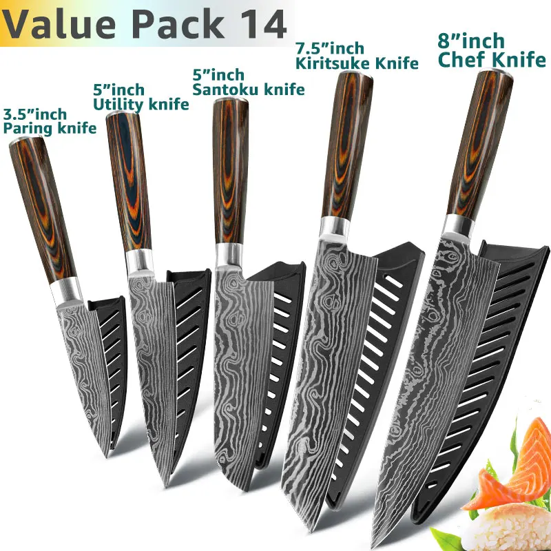 Value Pack 14 Кухонный нож 8 дюймов, японские ножи шеф-повара 7CR17 440C из высокоуглеродистой нержавеющей стали, дамасский чертежный универсальный набор сантоку, Кливер - Цвет: Value Pack 14