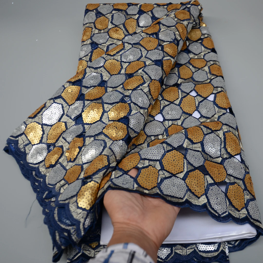 Tela de encaje con lentejuelas bordadas para vestido de fiesta, tejido africano de organza cortado a mano, color caf&eacute;, dorado, de alta calidad, 5 yardas por unidad, OP173-3
