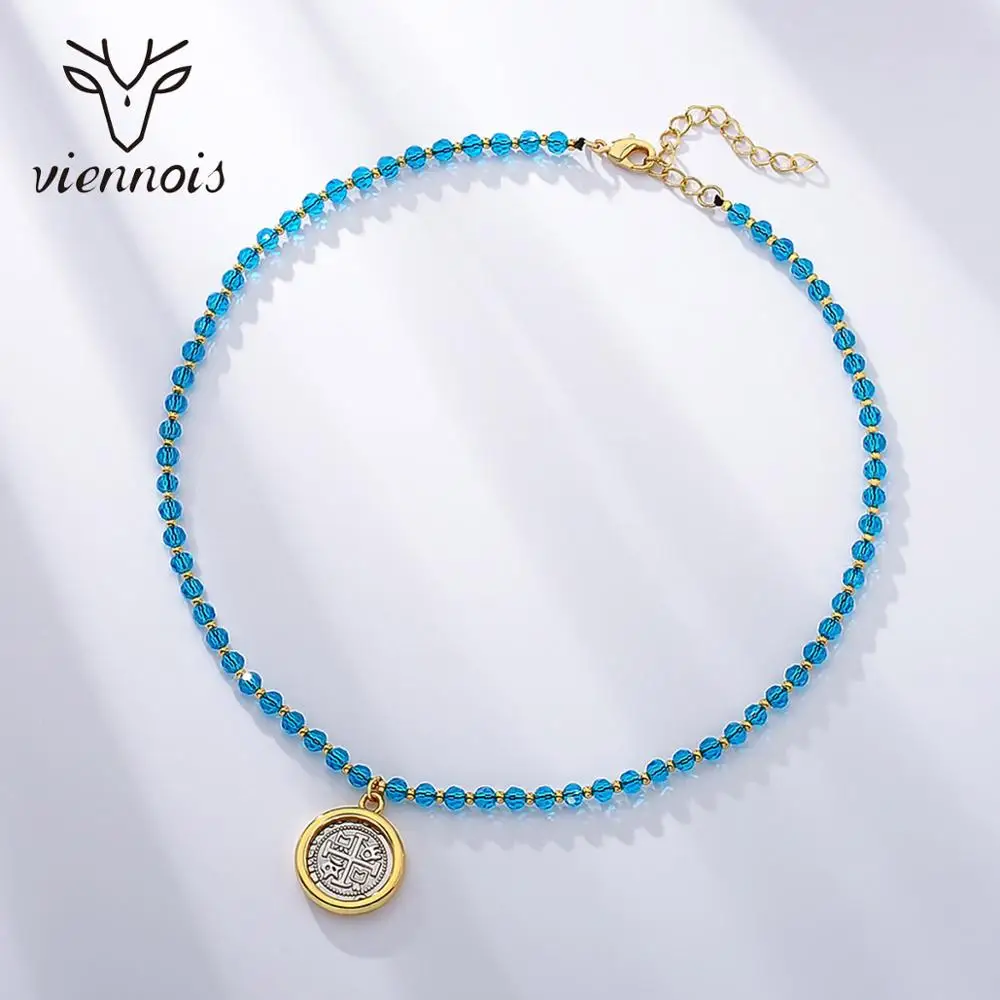 Женское ожерелье с подвеской-монеткой голубыми акриловыми бусинами | Украшения и