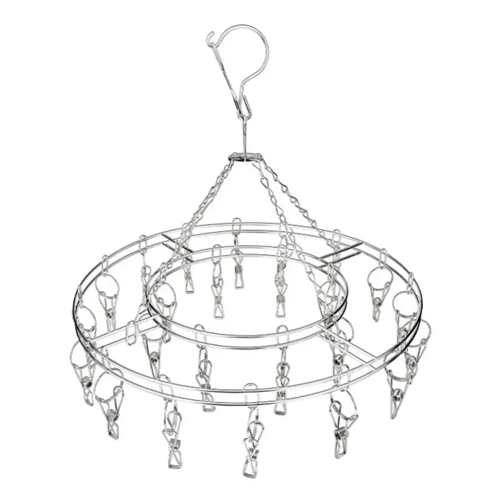 

1PCS Round Stainless Steel Socks Rack Underwear Drying Hanger Peg with 20Pcs Multifunctional Towel Clips Drying Rack