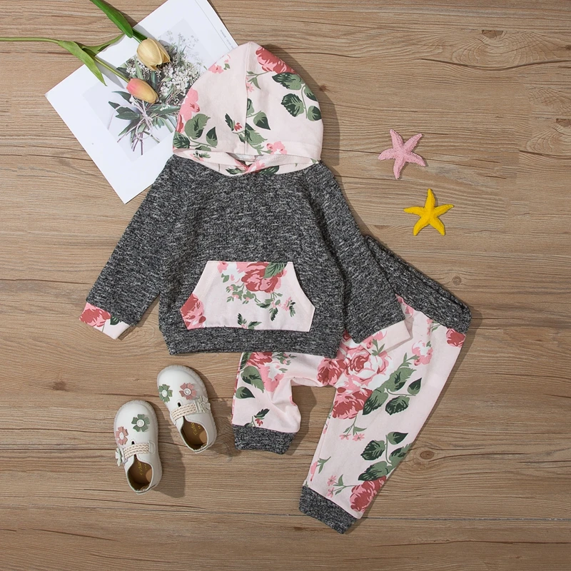 

2 Pcs Infant Casual Outfits Baby Girls Color Block Flower Print Long Sleeve Hoodie with Pocket + Trousers