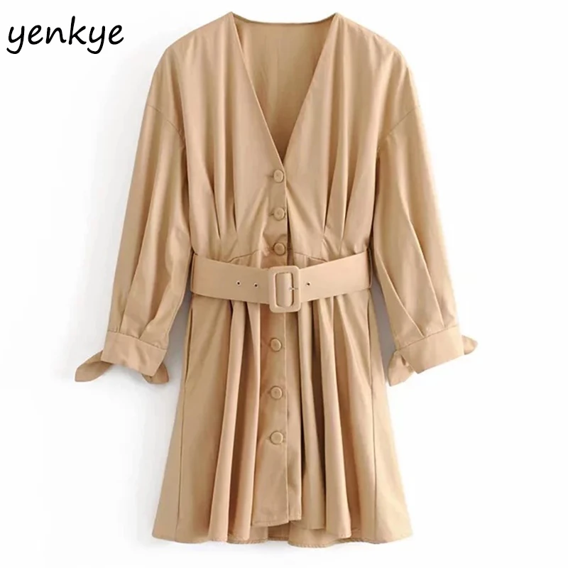 2019 женское винтажное однотонное платье с поясом переднее на пуговицах v образным