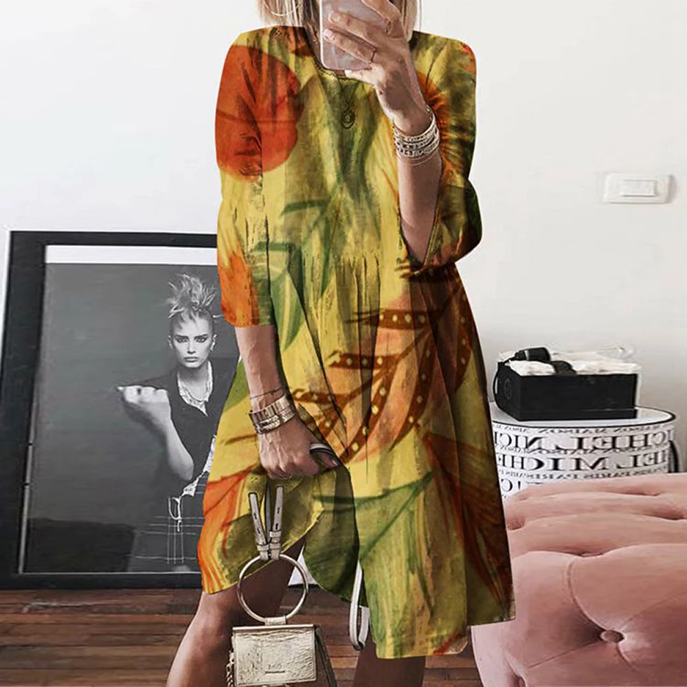 

2020 New Arrival Loose Summer Dress O-neck Vintage Printed Flower Dresses Woman Casual Beach Boho Dress Plus Size S-5XL
