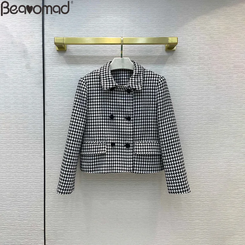 

Bearomad Brand Office Lady Autumn Retro Short Paragraph Blazer Coat Lapel Double Breasted Houndstooth Printing Casual Jacket Top