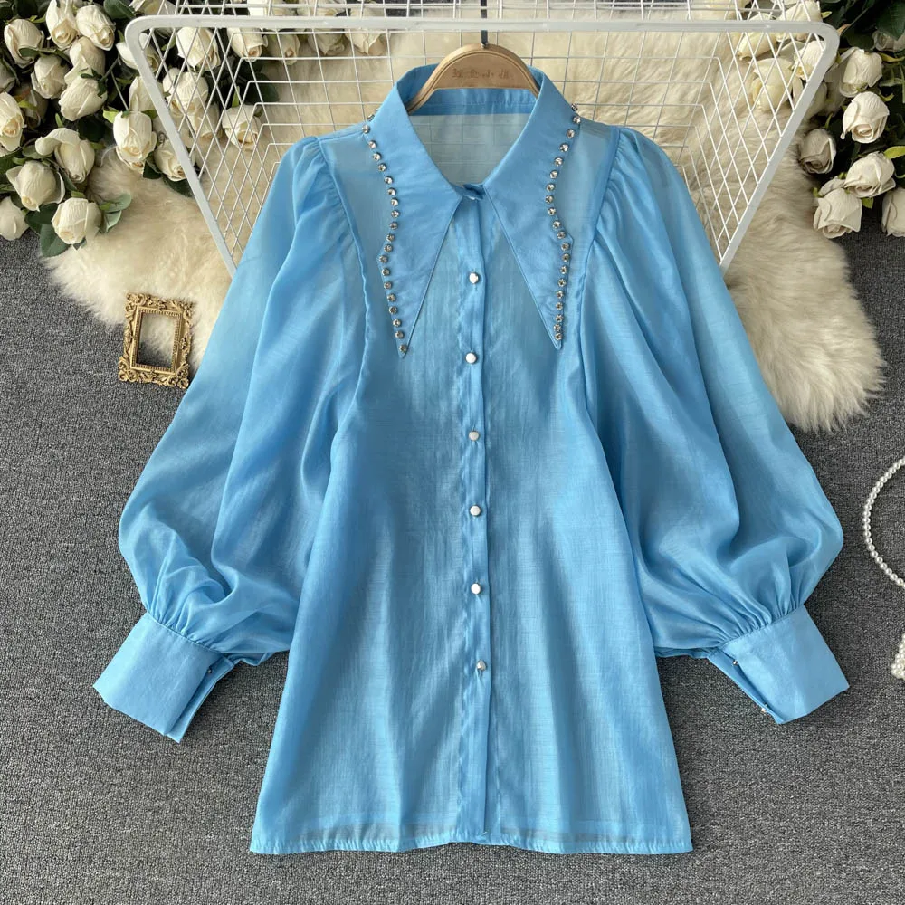 

C536 Women New Fashion Autumn Retro Diamond Studded Shirt Loose Long Sleeve Lapel Tops Mujer Solid Color Blouse