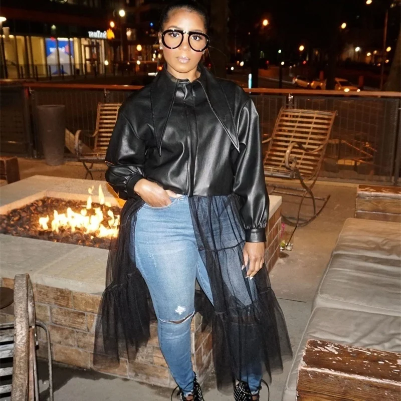 

with winter women's wear generous collar fur PU leather jacket