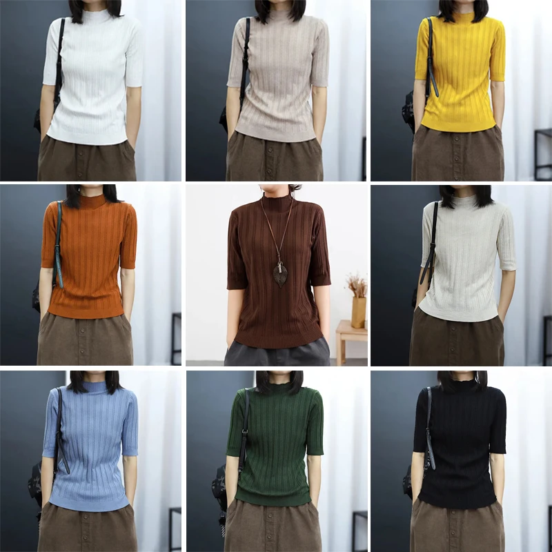 

Basic Solid Stripe Short Sleeve Half Turtleneck Knitted Tops Casual Summer Elastic Knitwear T-Shirt Women Korean Style Tee