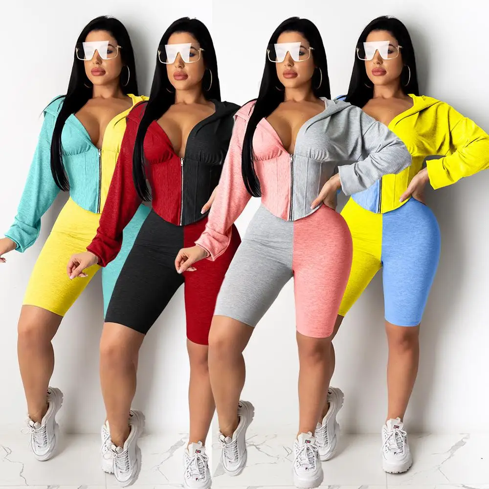 

Creative Contrast Color Patchwork Two Piece Set Classic Streetwear Spring Suit Front Zip Hoody Jacket And Knee-length Pants