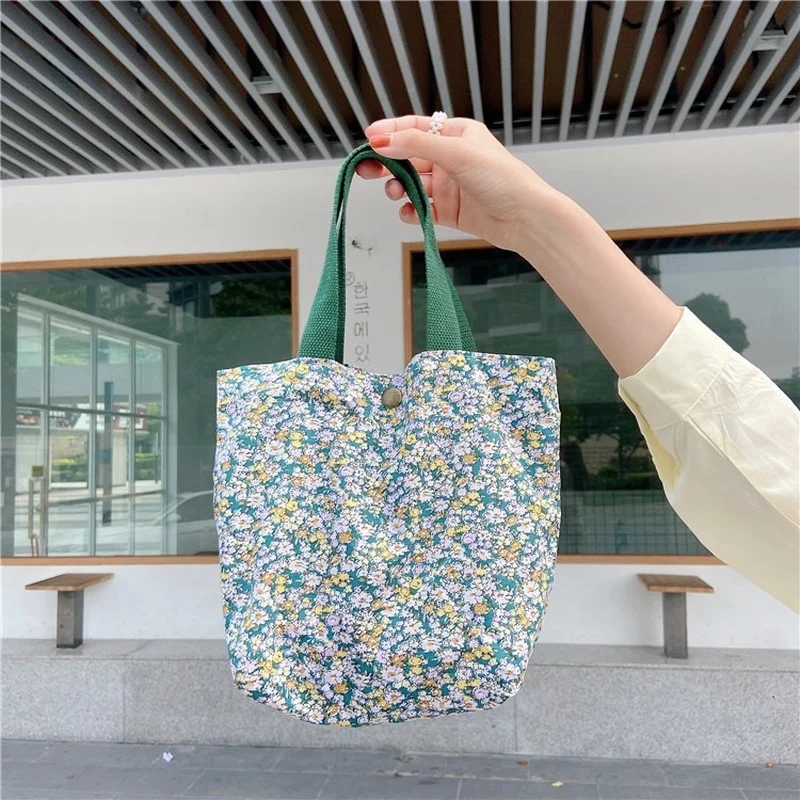 

Floral Portable Lunch Bag Cotton Fabric Picnic Food Bags Girls Lunch Pouch Casual Ladies Mini Hand Bag Durable Shopping Handbag