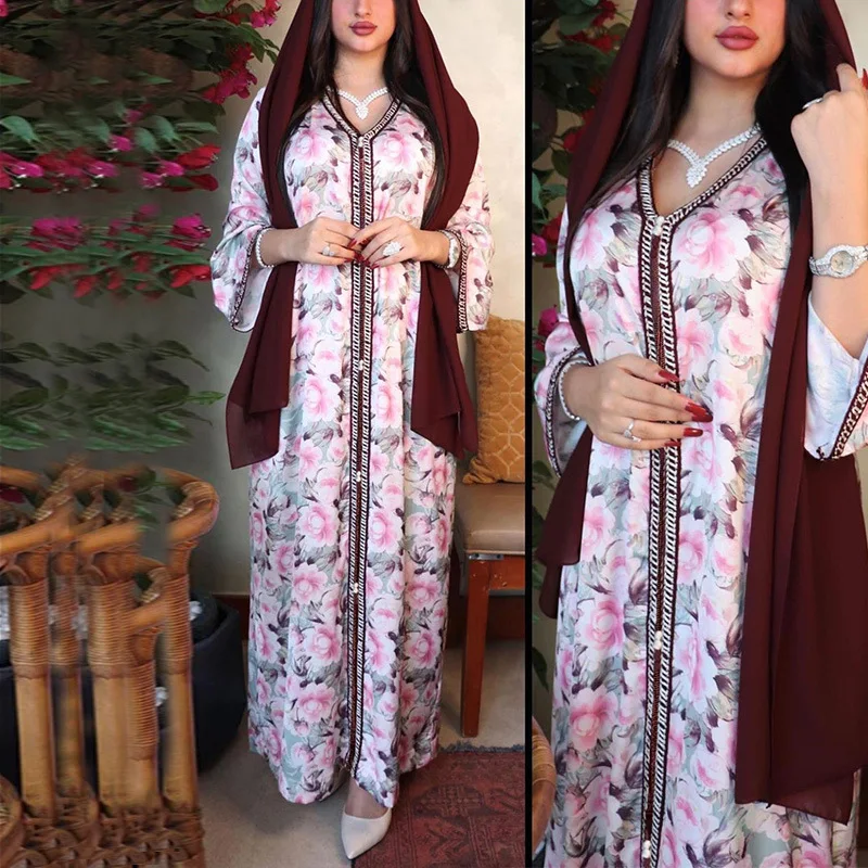 2021 Eid Mubarak розовые пионы для девушек кимоно Abaya Турция хиджаб мусульманское платье