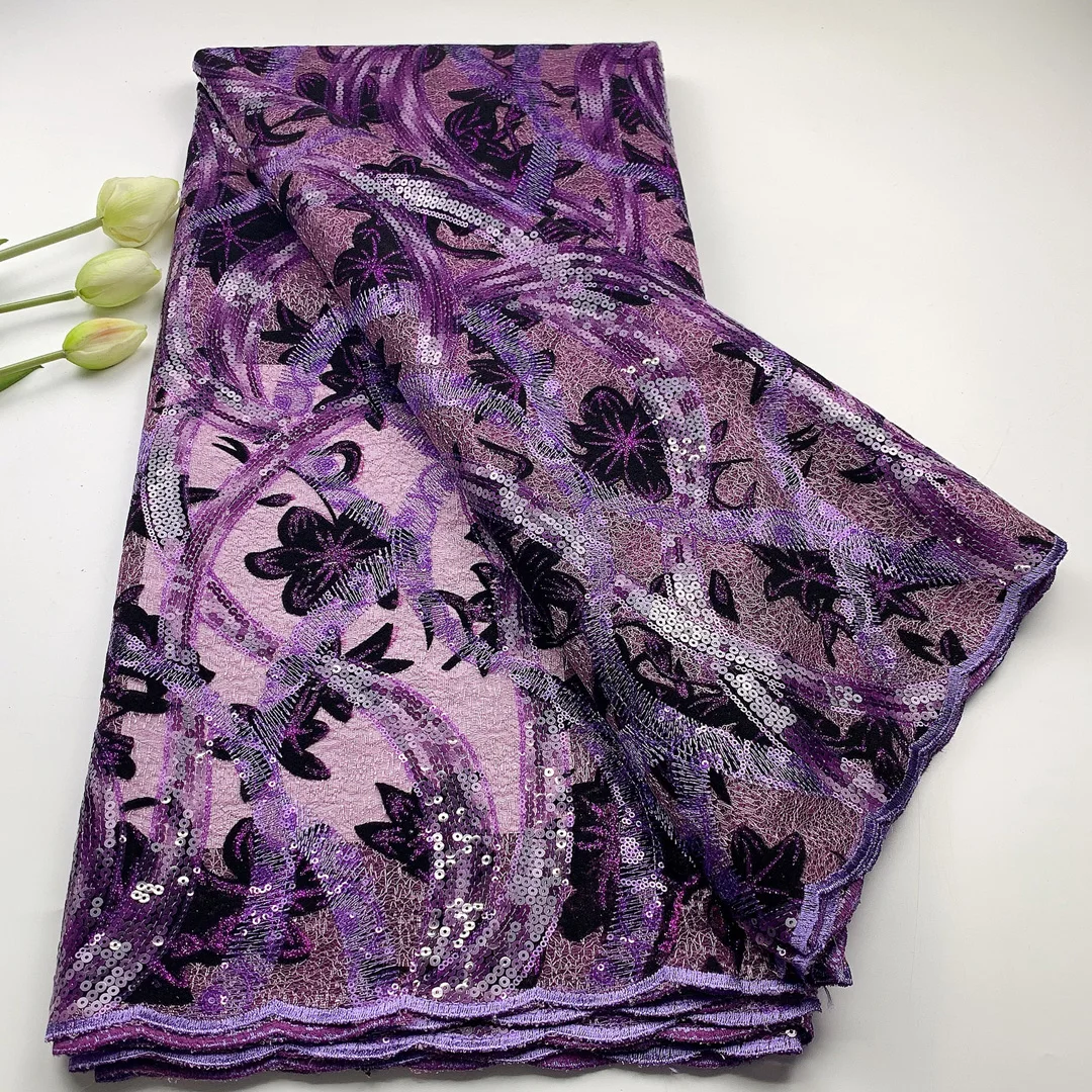 

(5yards/pc) Newest purple French net lace velvet flocked African mesh lace fabric with sequins embroidery for party dress FLH042