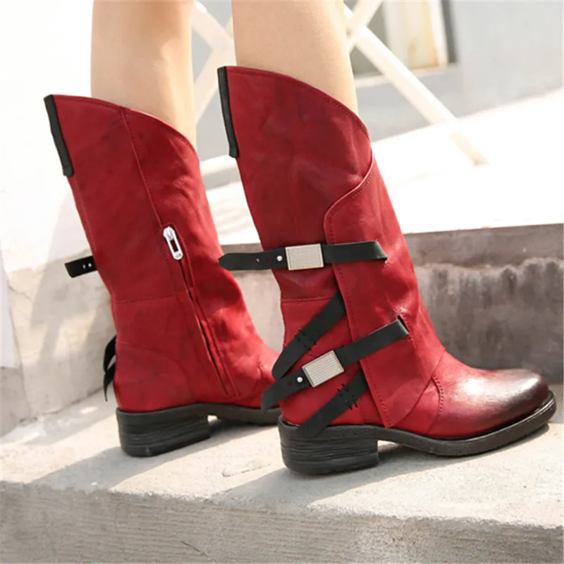 

Mabaiwan 2020 New Genuine Leather Mid Calf Boots Women Retro Knight Med Heel Shoes Buckle Chelsea Motorcycle Warm Winter Boots