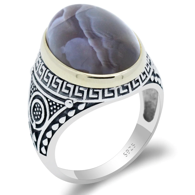 Мужское кольцо с агатом для мужа подарок 925 пробы серебро овального кольца из