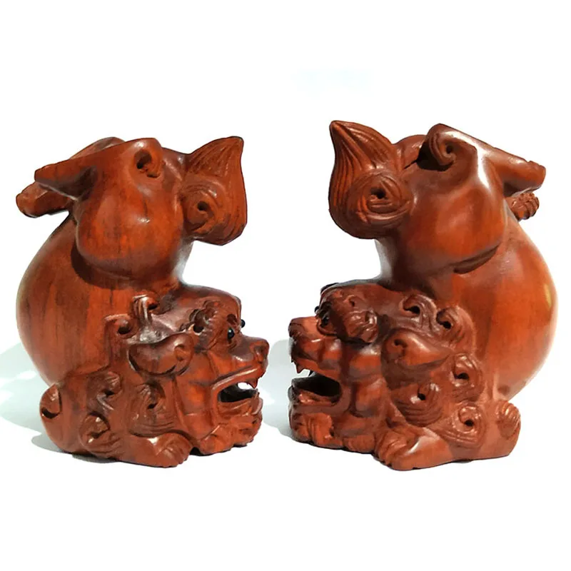 

Q4270 - 2 "фигурка резьбы вручную из ящика и сетки: пара львов для собак Foo