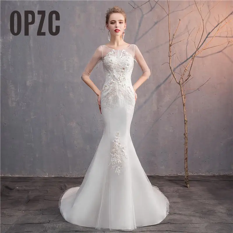 OPZC free shipping real photo 2020 new style O neck Elegant beautiful Lace wedding dress for Vestido de noiva Mermaid we | Свадьбы и