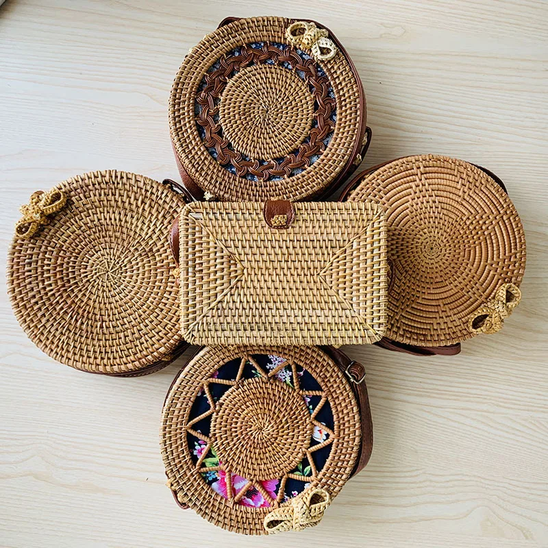 Woven Rattan Bag Round Straw Crossbody Bags Travel Small Beach HandBags Women Summer Hollow Handmade Shoulder |