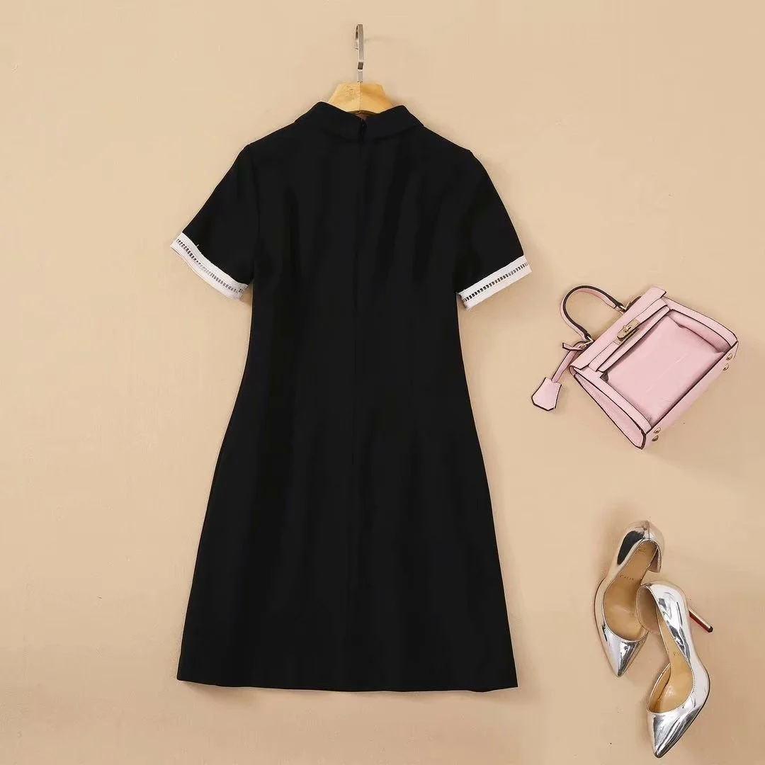 

HIGH QUALITY2021 Summer New Style Short-Sleeve Fashion Bow Collar Color Block A-line Dress