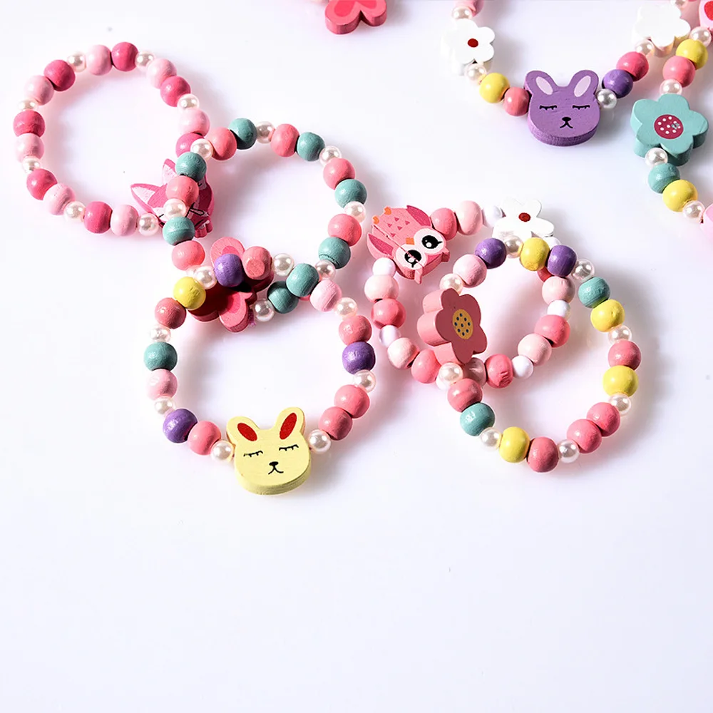 

1 Set Cute Cartoon Children Wood Beads Necklace Bracelet Colorful Girls Fashion Kawaii Jewelry Sets Kids Festival