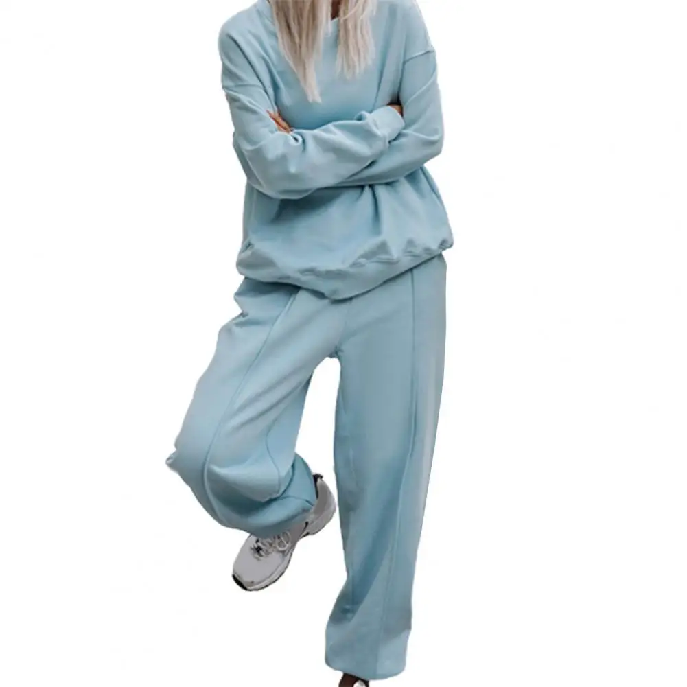 

Women Suit Autumn Stylish Solid Color O Neck Long Pants Elastic Waist Sports Suit Sports Lantern Sleeve Winter Women Suit