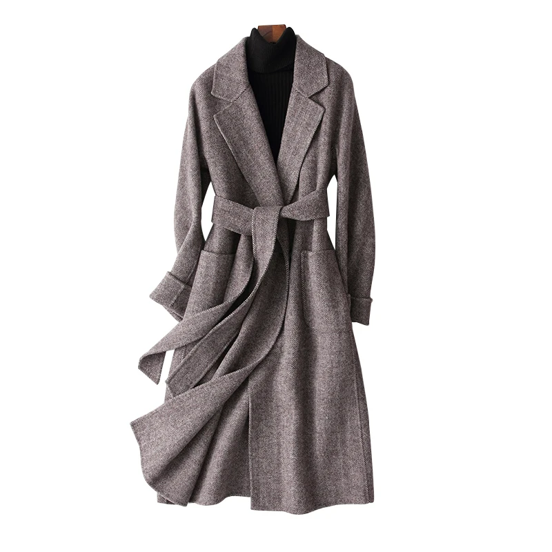 Новинка 2020 шерстяное пальто для женщин весна-осень длинная куртка с узором в