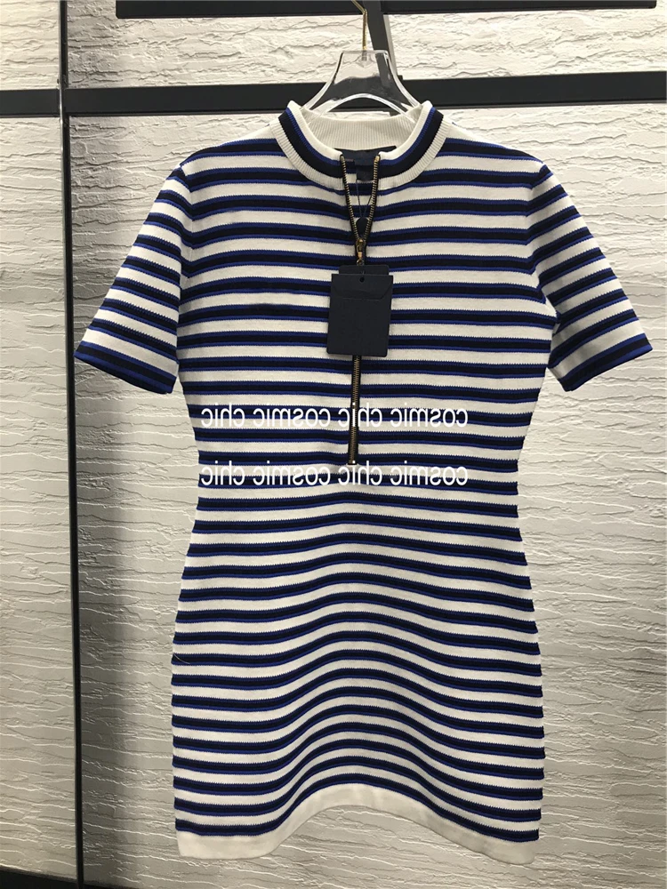 

Dresses 2021 Women Early Spring Knitted Short Sleeve Dress Half Zip Collar Navy Striped Dress Casual