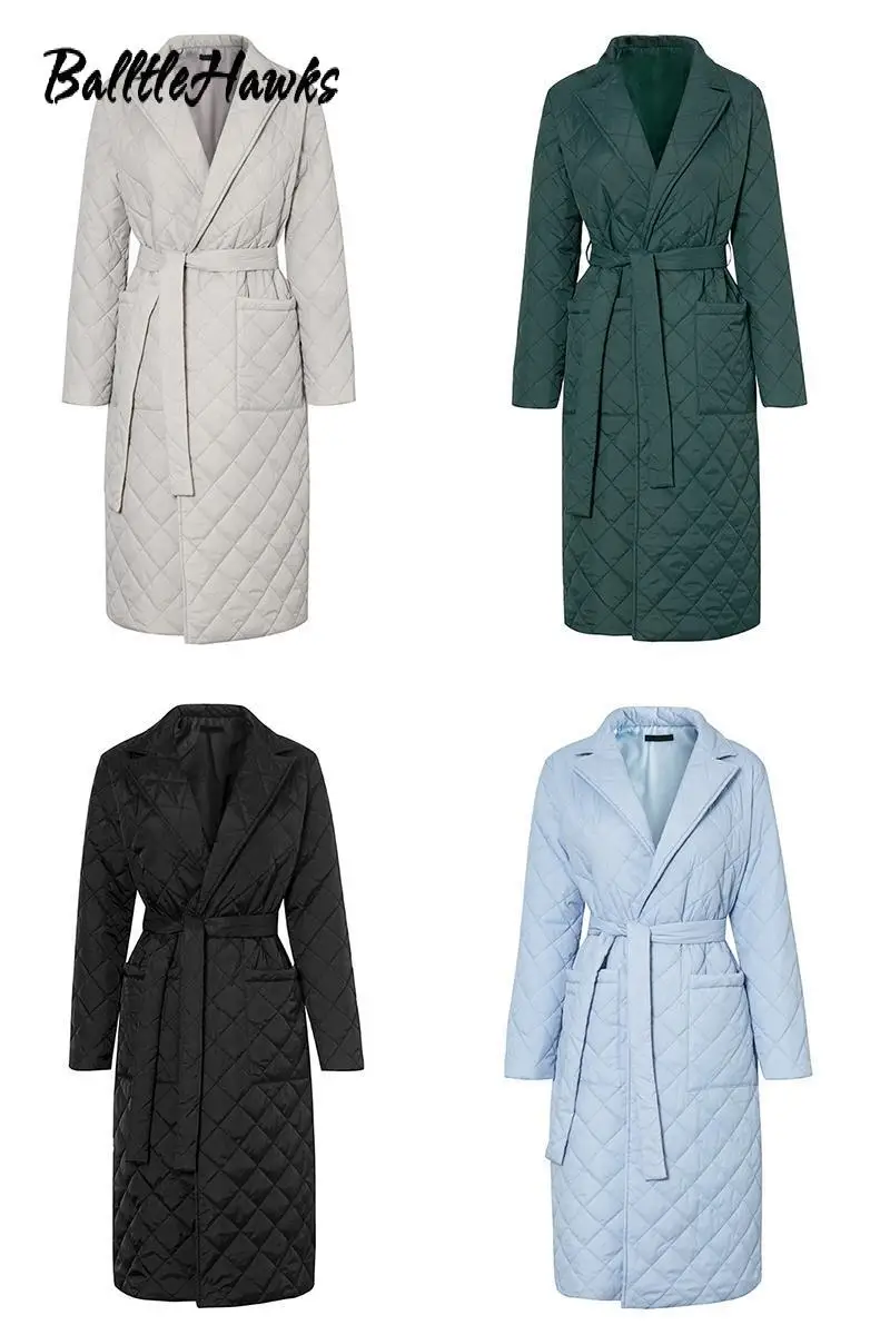 Women Long Straight Winter Coat with Rhombus Pattern Casual Sashes Women Parkas Deep Pockets Tailored Collar Stylish Outerwear