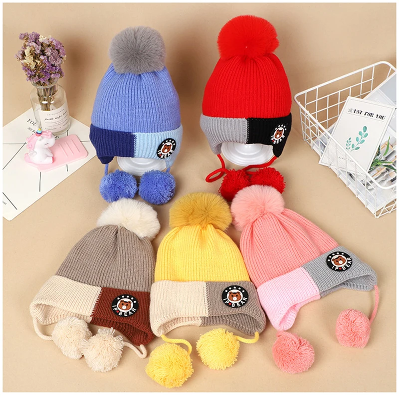 

Children's hats winter boys girls baby plus velvet earmuffs kids winter warm children's woolen hats