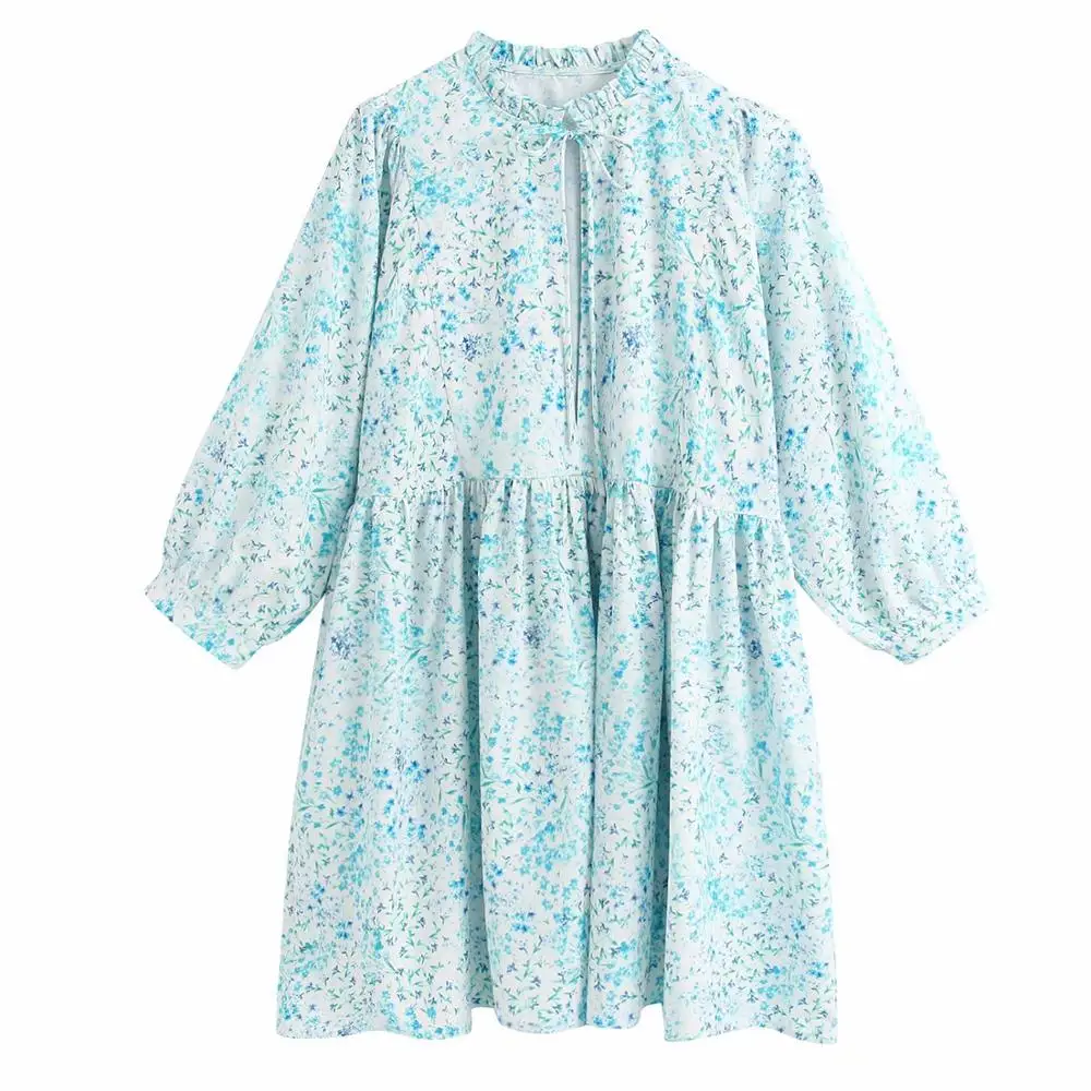 Женское платье с длинным рукавом ZA синее до колена цветочным принтом и круглым