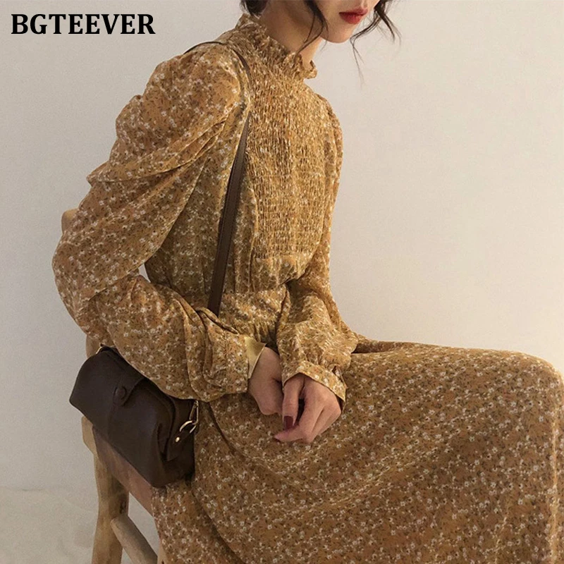 bgteever vintage stand collar ruched sleeve a line dress women floral print elastic waist female dress spring vestidos femme 202 free global shipping