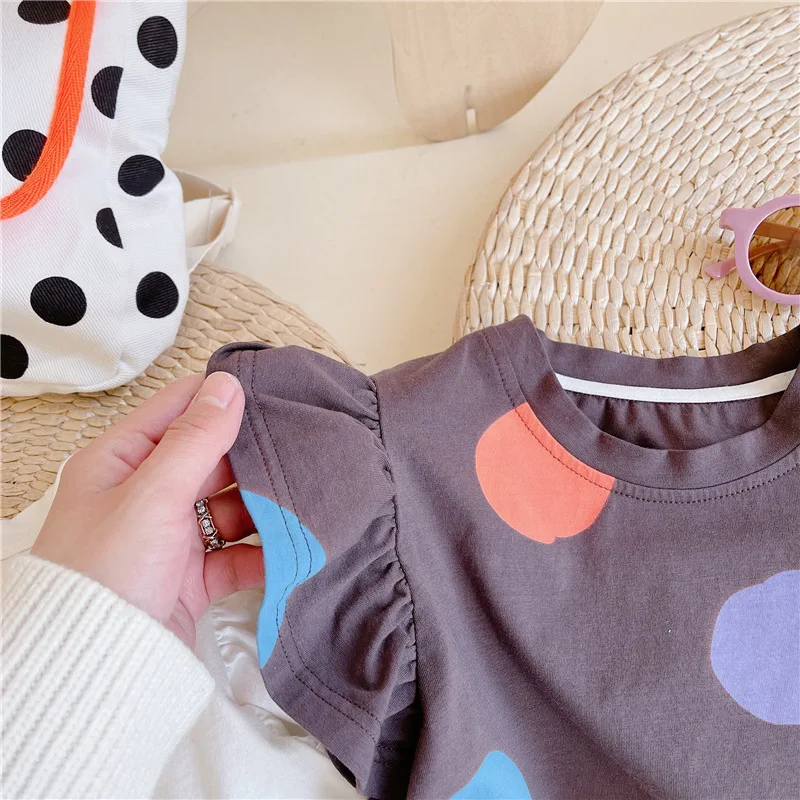 

2021 Summer Girl Flying Sleeve T-Shirt Girl Baby Korean Version Of The Color Polka Dot Thin Cotton Short-Sleeved Princess Top