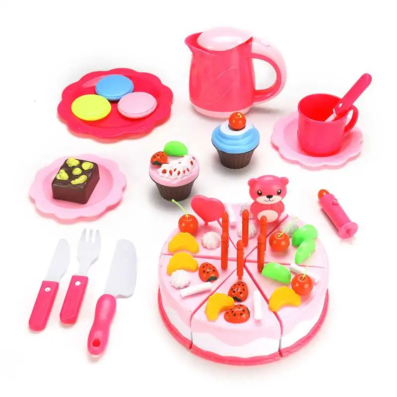 

DIY 37/55/80PCS Cake Toy Food Kitchen Pretend Play Cutting Fruit Birthday Toys Pink Blue For Kid Gift Educational ABS