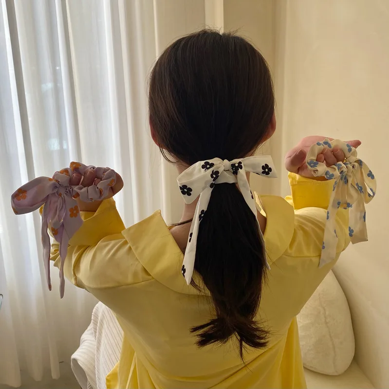 

French Temperament Printed Bowknot Satin Ribbon Hair Ring Sweet Little Flower Hair Rope Go Out Tie Hair Headdress Headband
