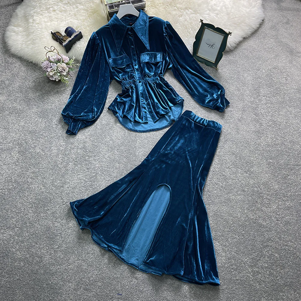 

2021 Elegant Velvet Autumn Winter Suit Pullover Top + skirt suit two-piece sets