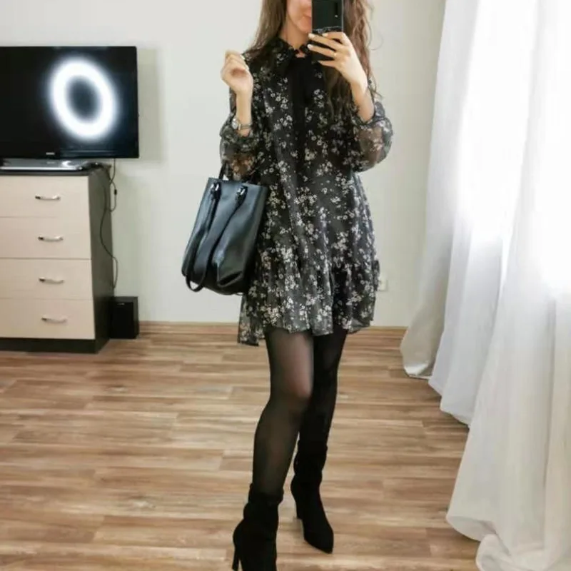 

New Women Vintage Chiffon Ruffle Bow Tie Mini Floral Print Dress Long Sleeve Casual Loose Pleated Dress Ruffles Party Fashion