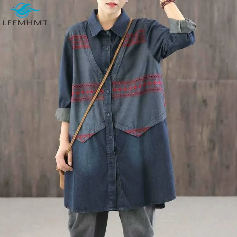 

Осенняя Новинка шикарная Повседневная Свободная винтажная рубашка средней длины с вышивкой Женские блузки из двух частей с разрезом сбоку ...